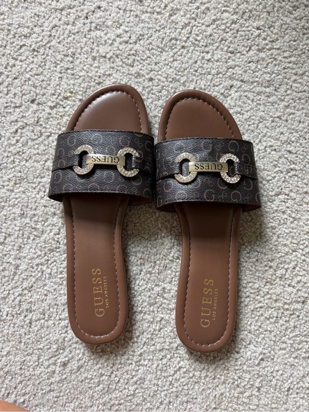 GUESS Brown Monogram Slide Sandals with Gold Logo Accent